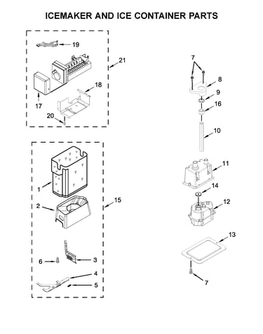 Icemaker and ice container parts