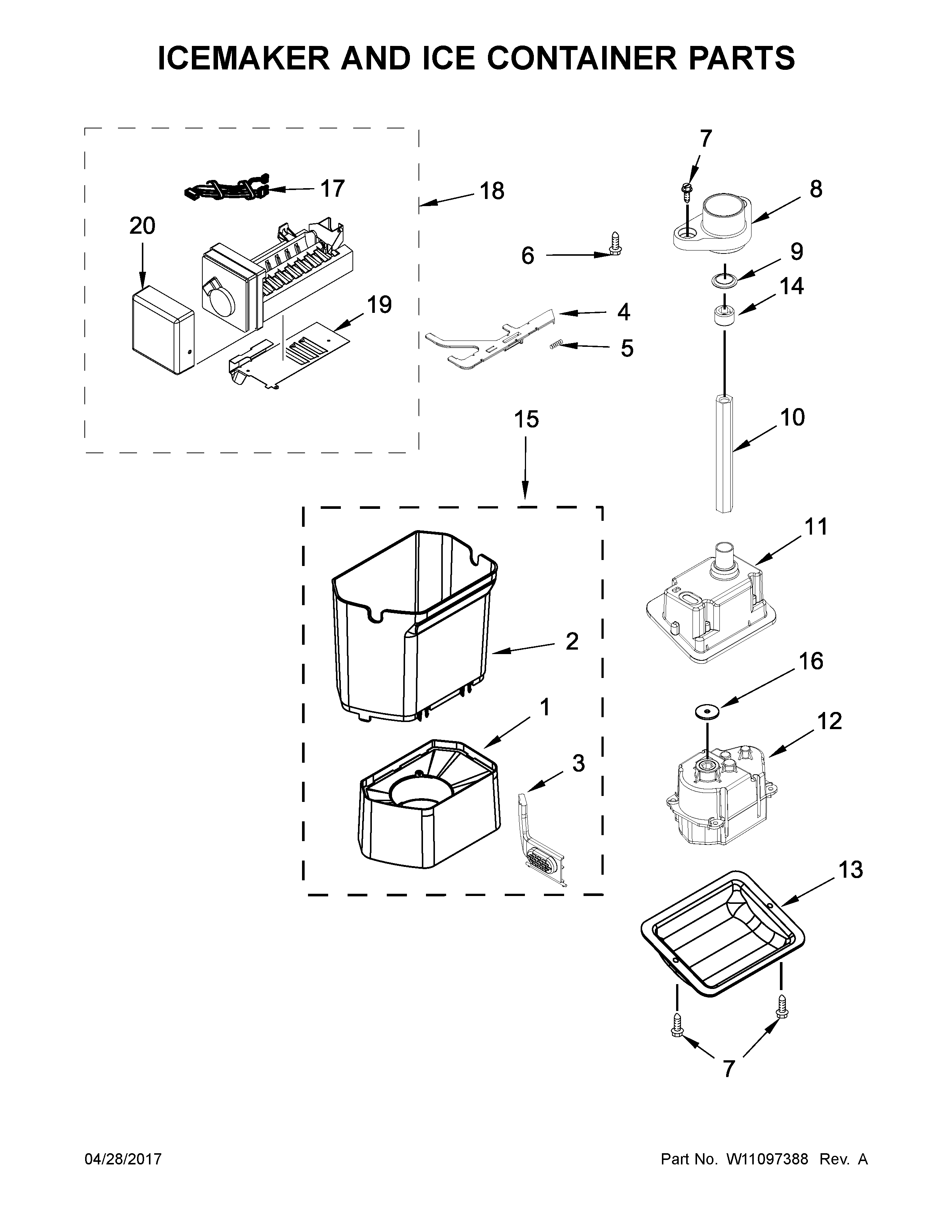 Icemaker and ice container parts