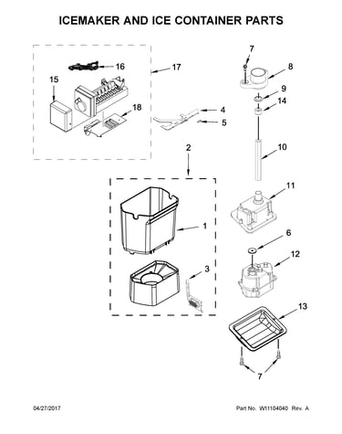Icemaker and ice container parts