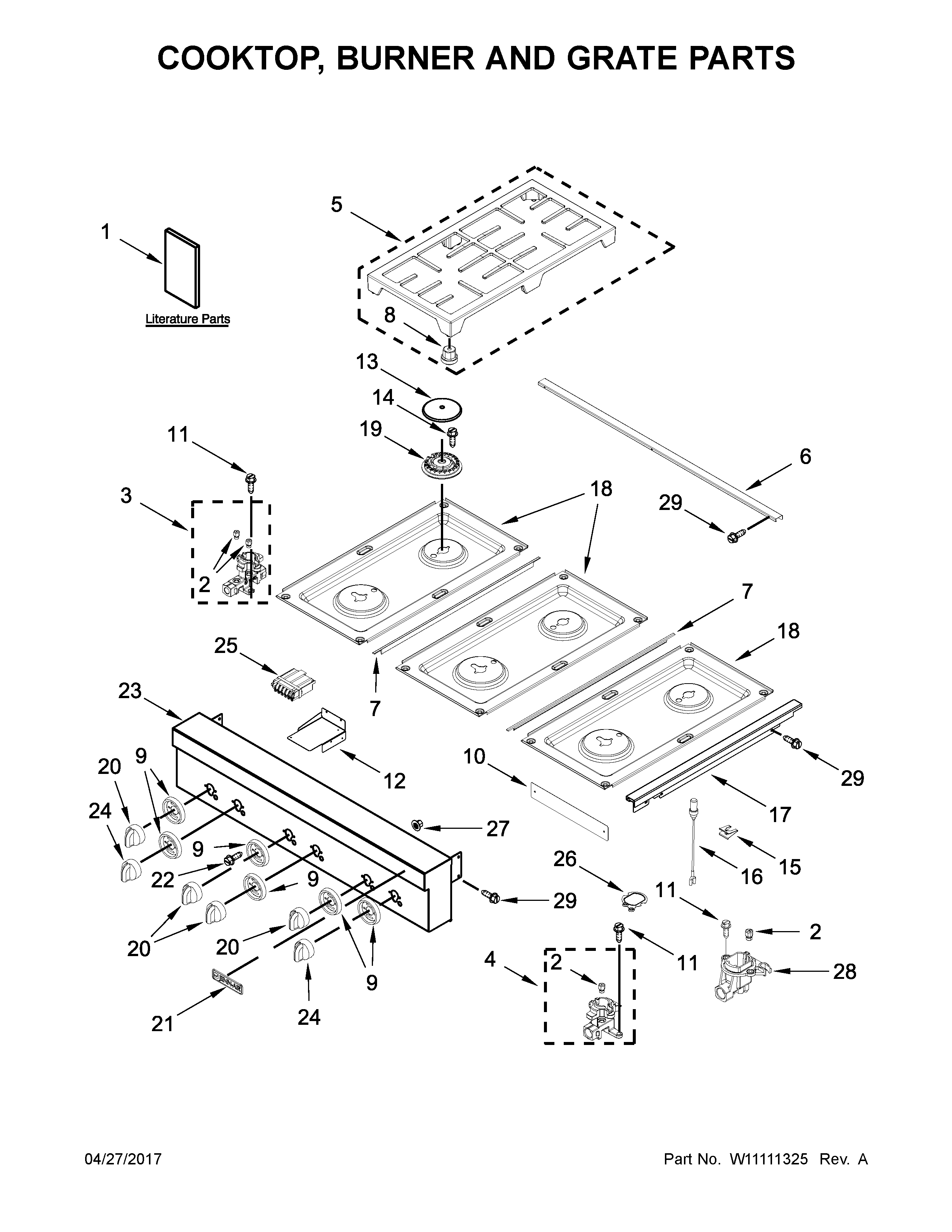 Cooktop, burner and grate parts