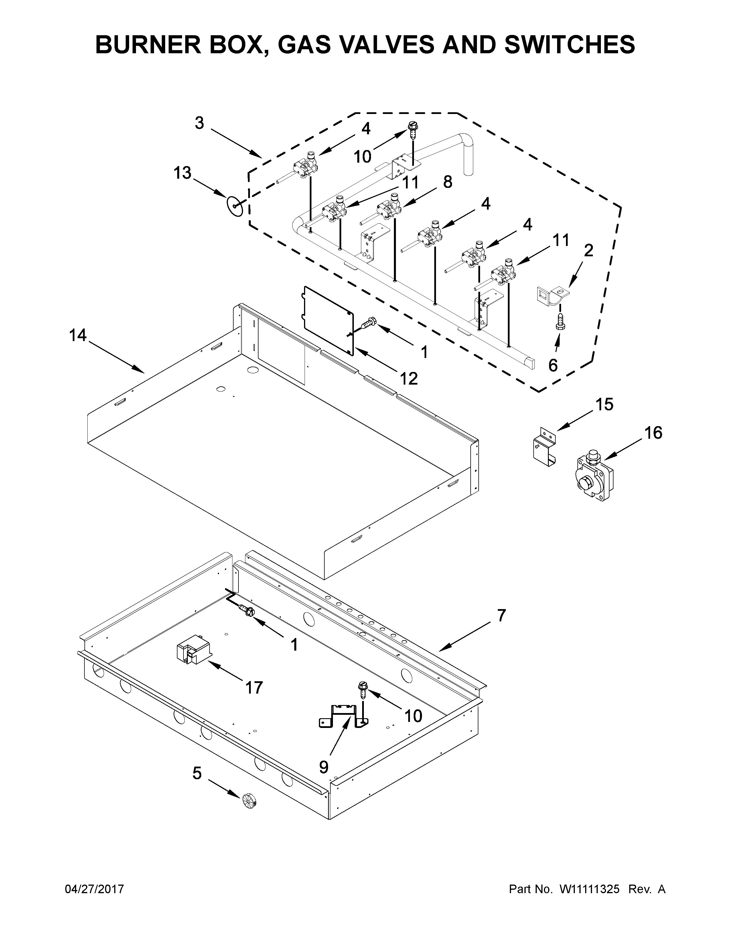 Burner box, gas valves and switches