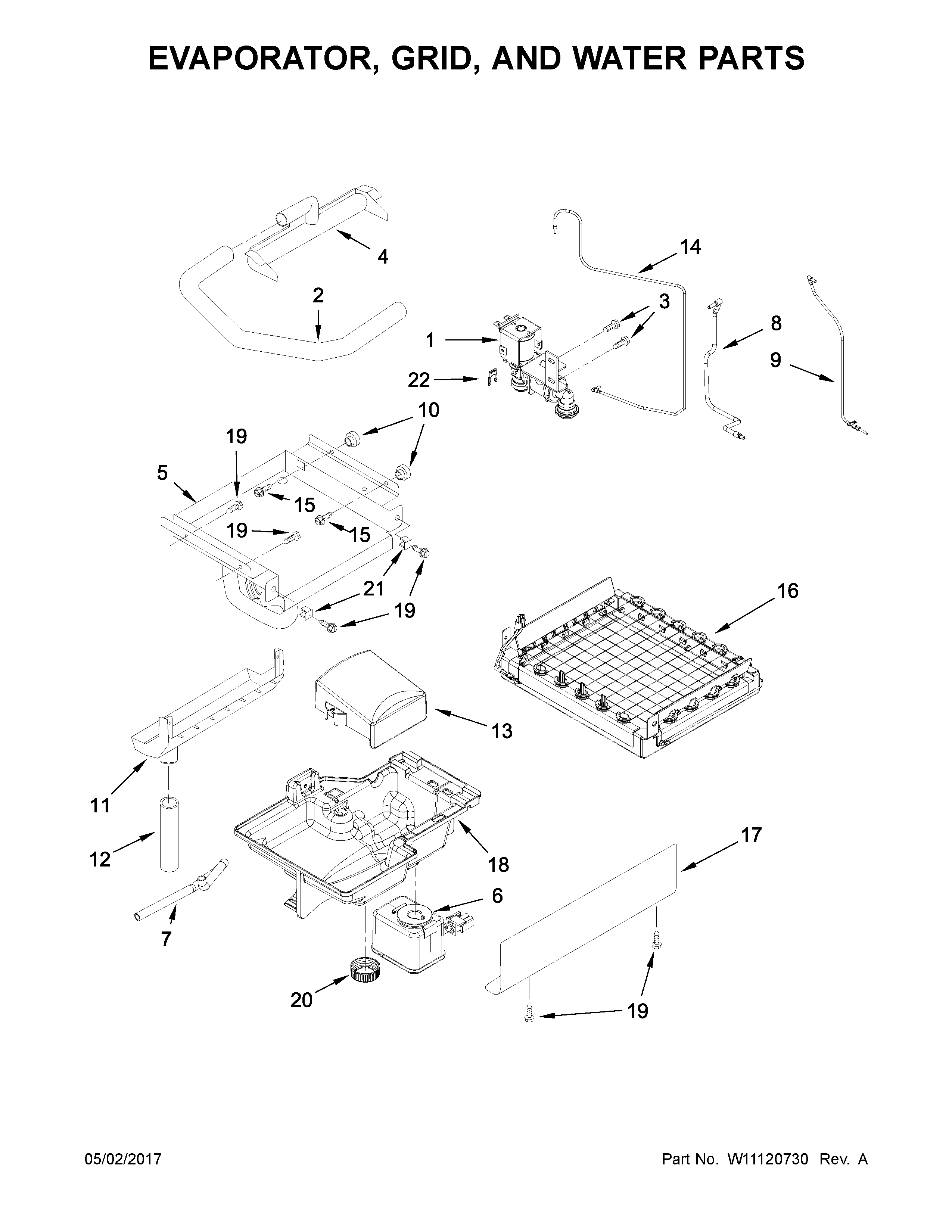 Evaporator, grid, and water parts