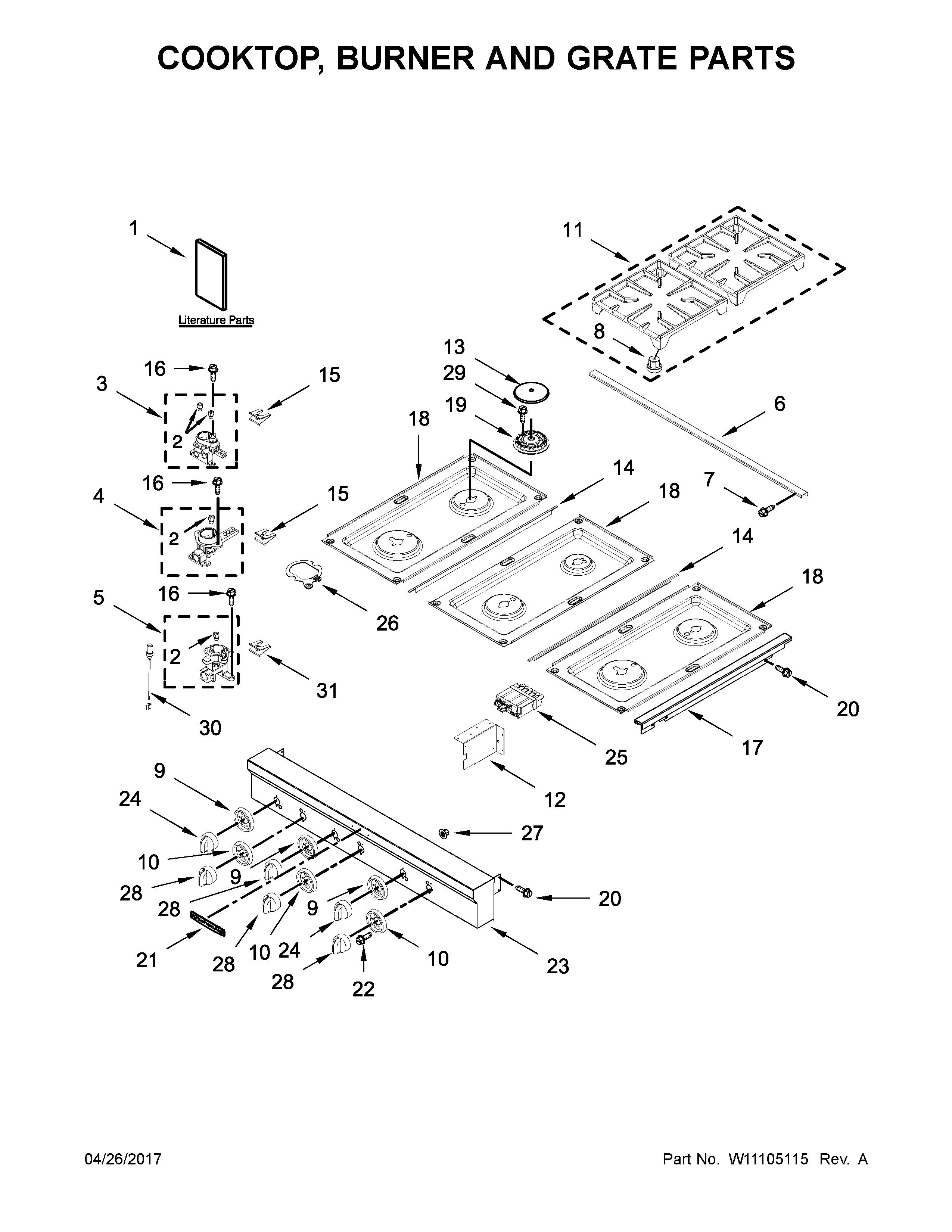 Cooktop, burner and grate parts