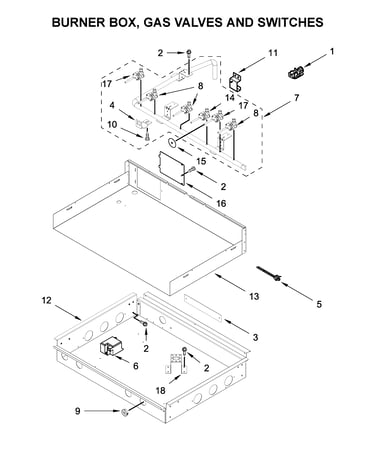 Burner box, gas valves and switches