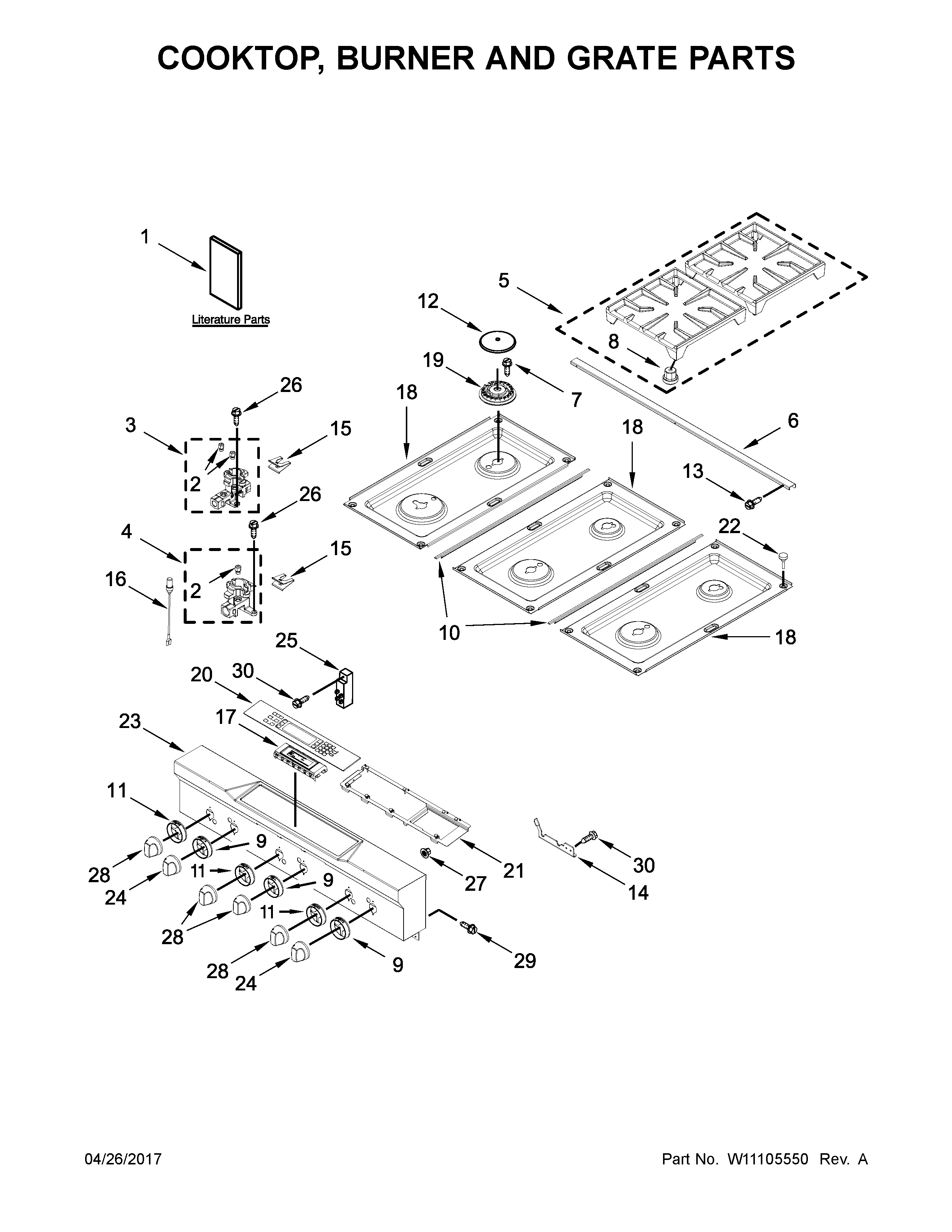 Cooktop, burner and grate parts