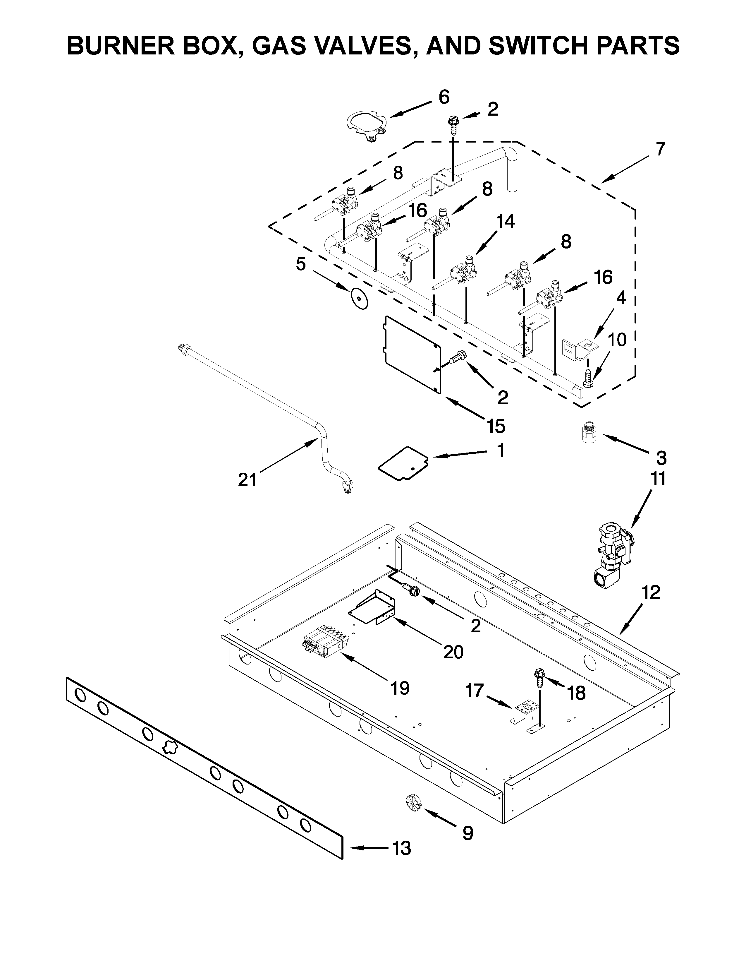 Burner box, gas valves, and switch parts