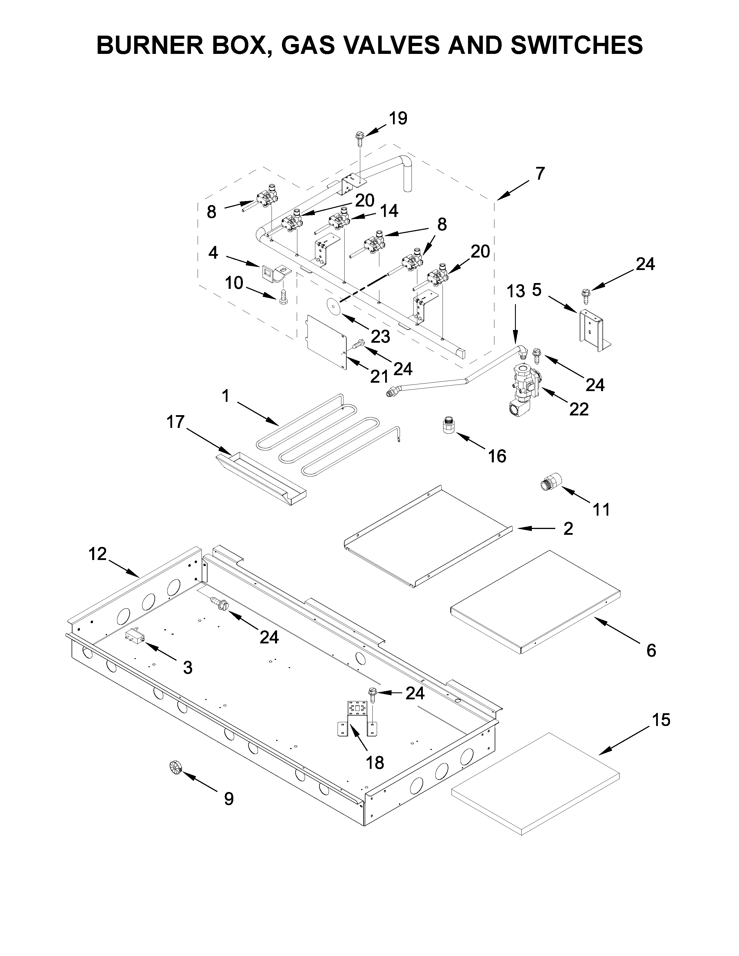 BURNER BOX, GAS VALVES AND SWITCHES