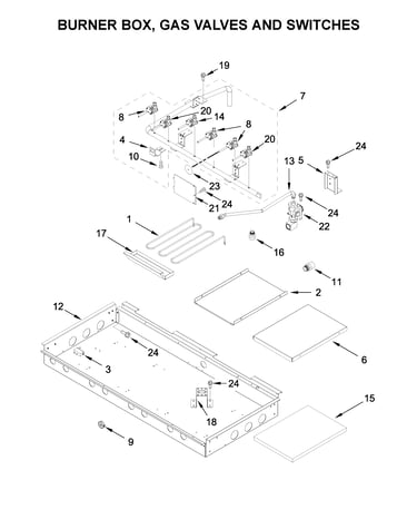 Burner box, gas valves and switches