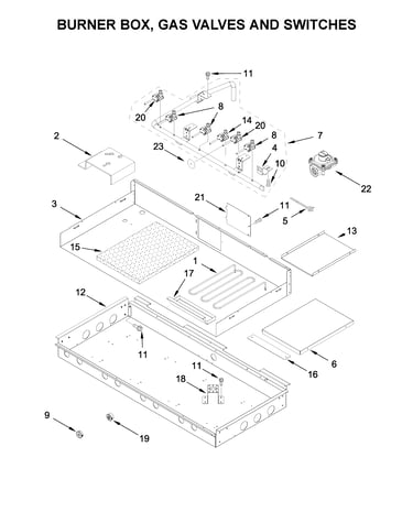 Burner box, gas valves and switches
