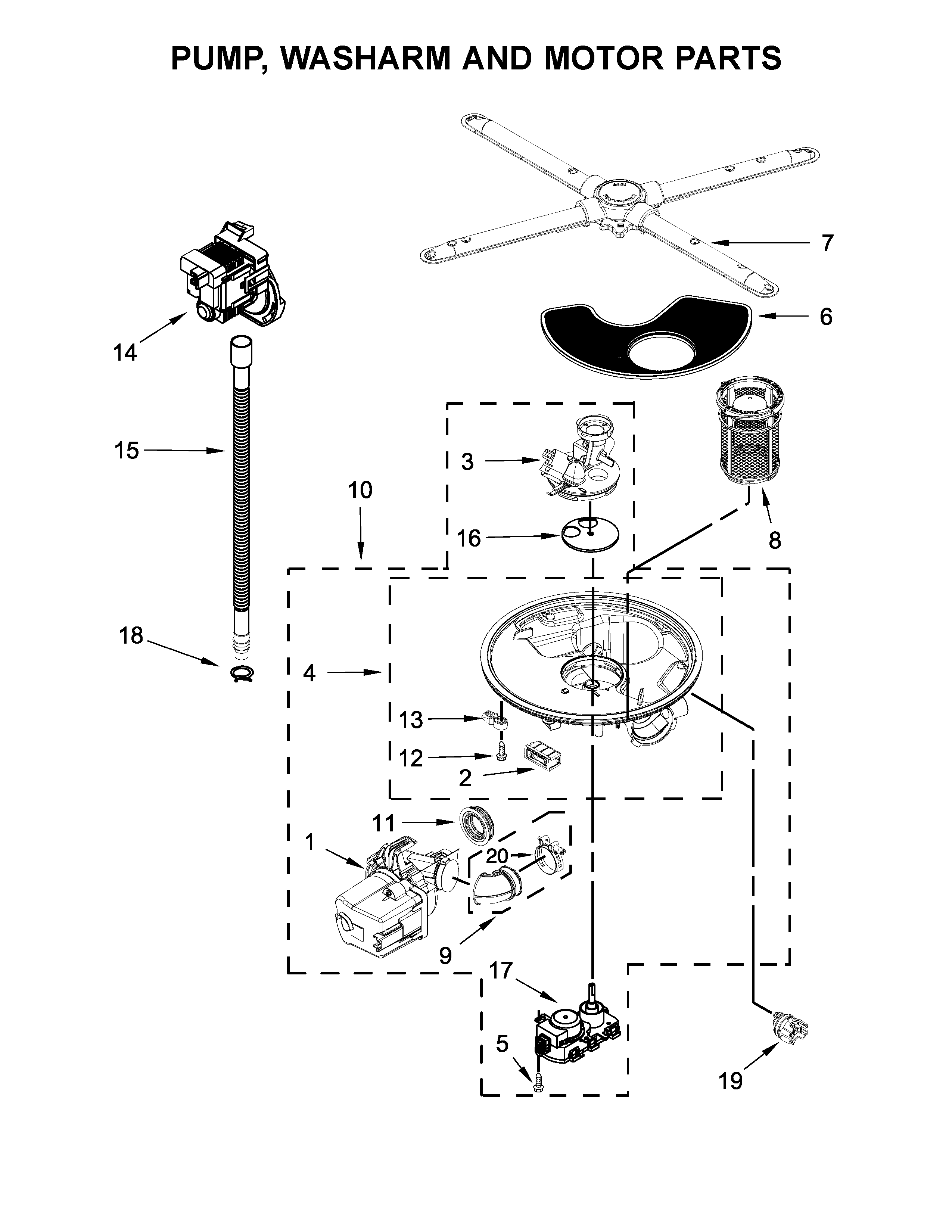 Pump, washarm and motor parts
