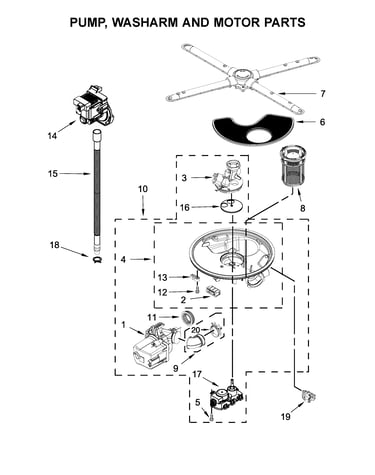 Pump, washarm and motor parts