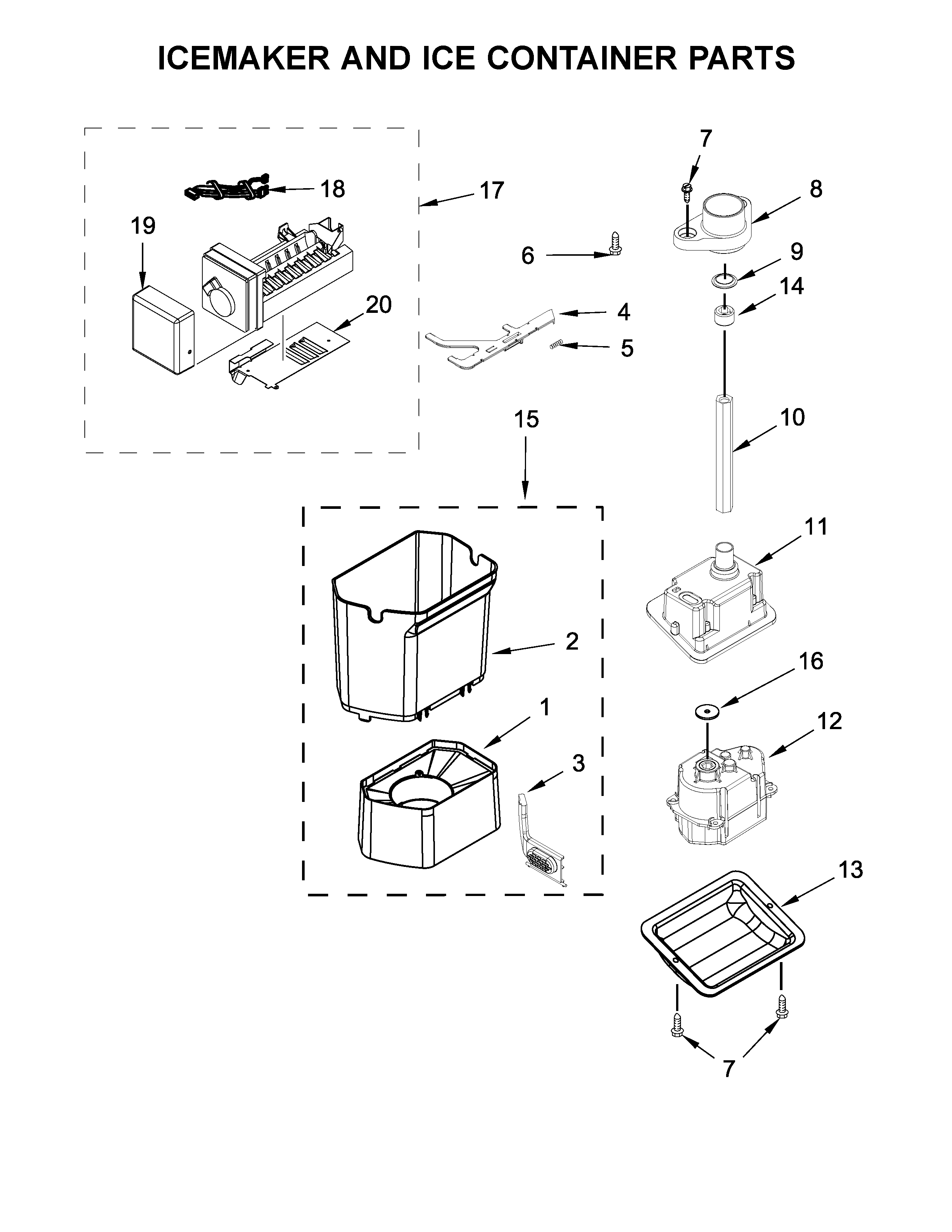 Icemaker and ice container parts