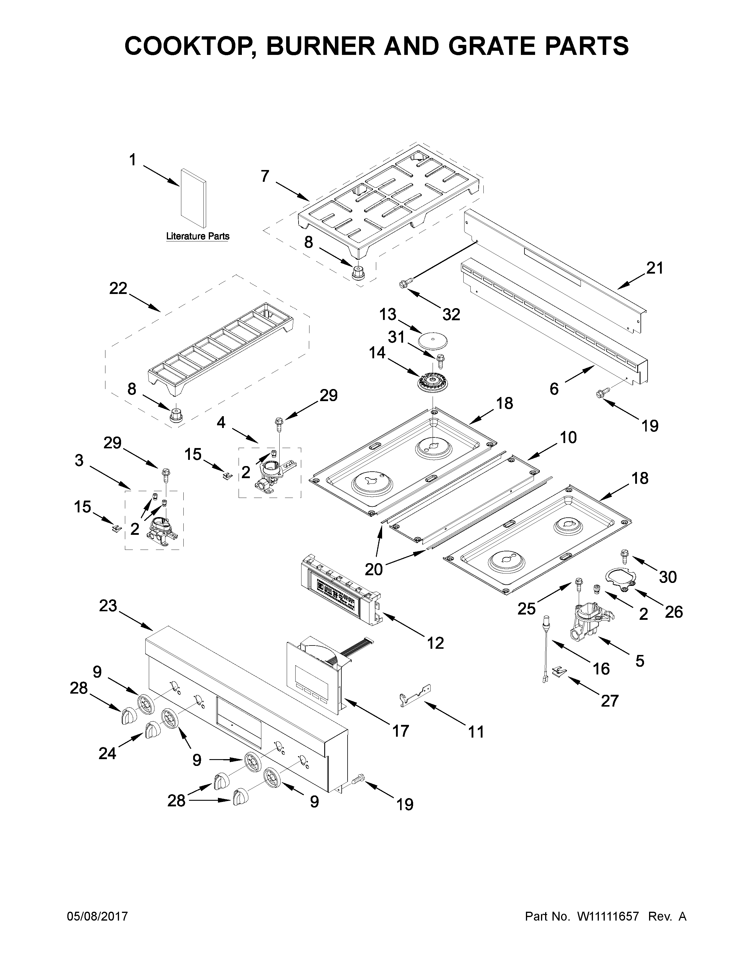 Cooktop, burner and grate parts