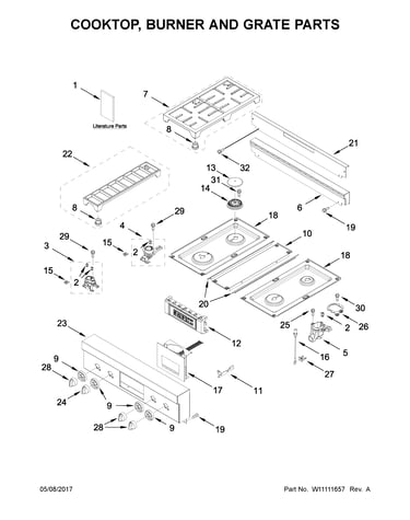 Cooktop, burner and grate parts