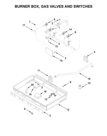 Burner box, gas valves and switches