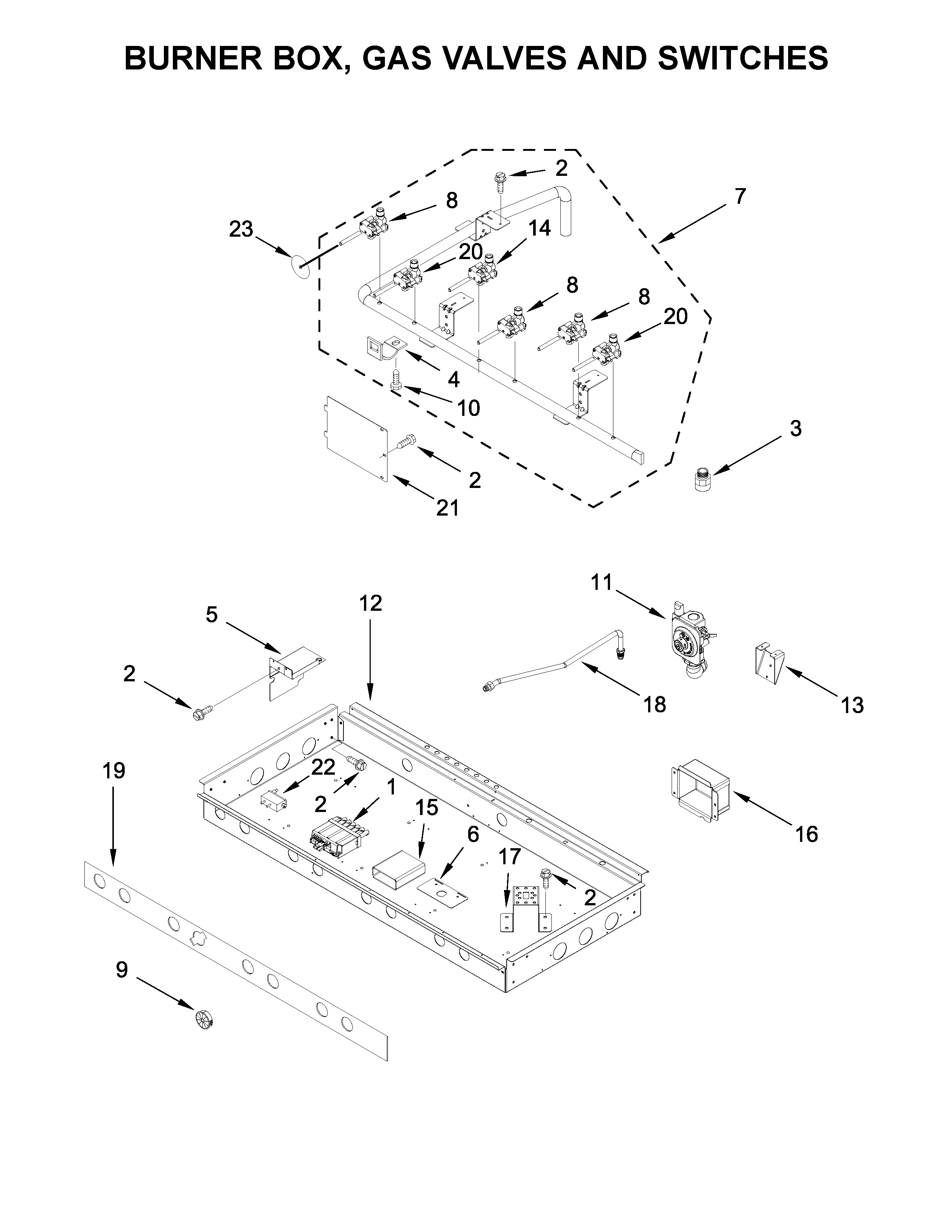 BURNER BOX, GAS VALVES AND SWITCHES