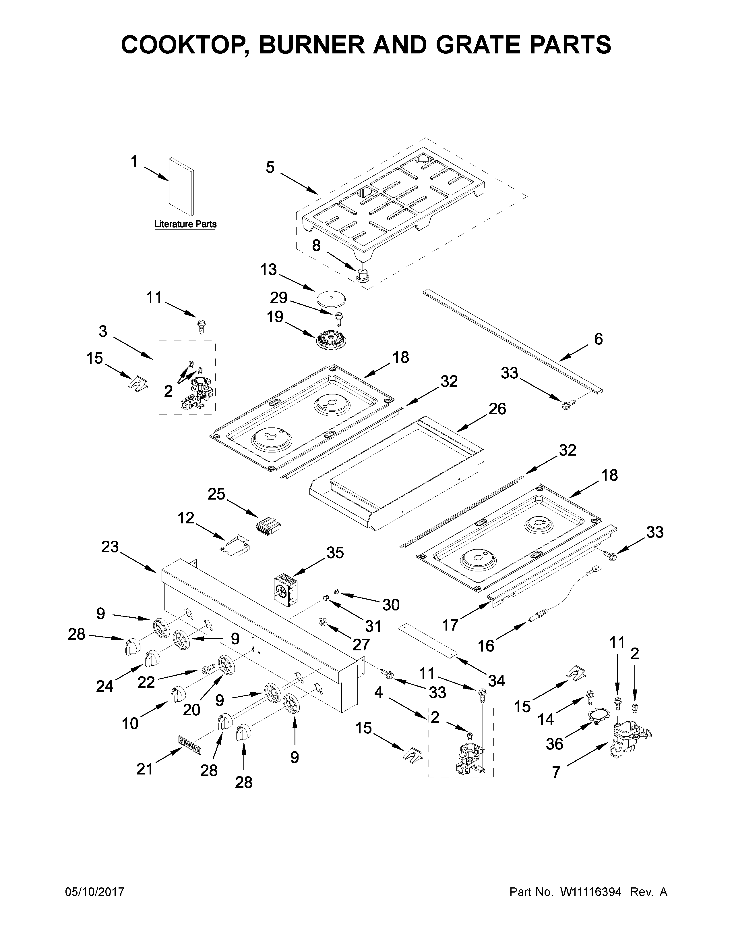 Cooktop, burner and grate parts