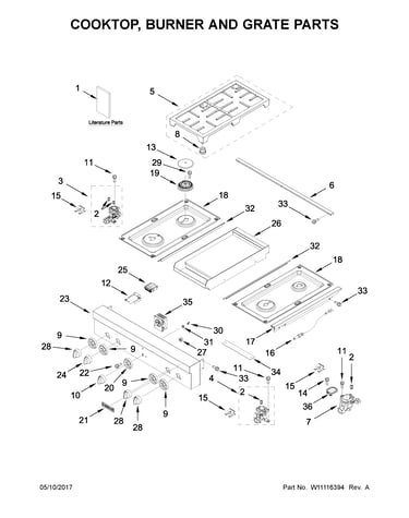 Cooktop, burner and grate parts