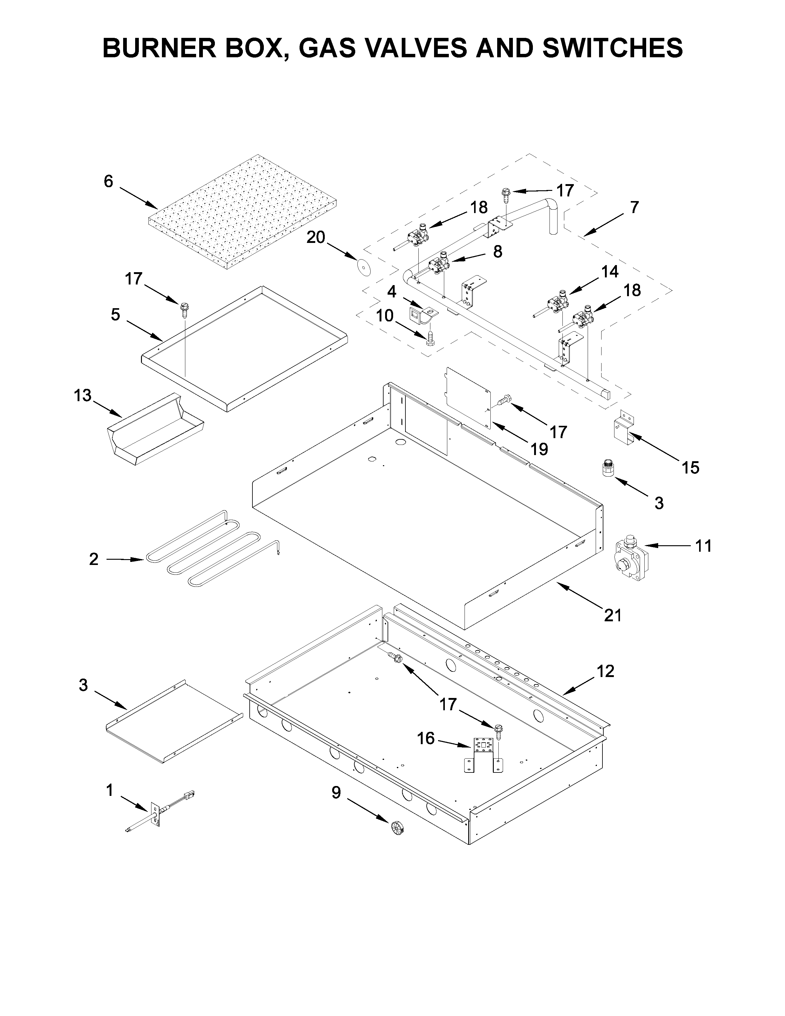 Burner box, gas valves and switches