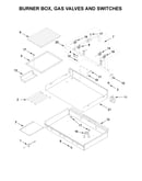 Burner box, gas valves and switches