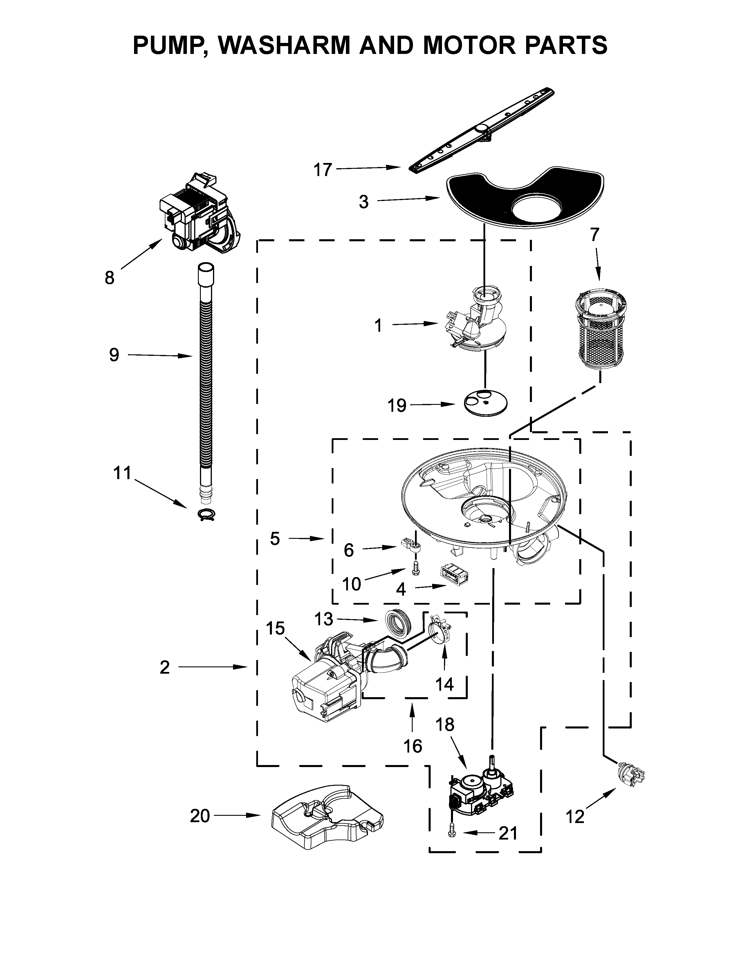 Pump, washarm and motor parts