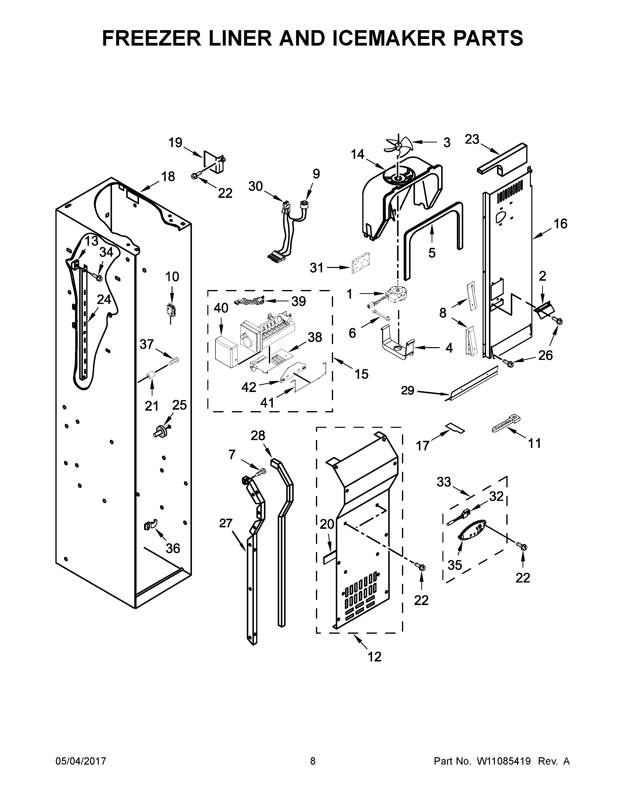 Freezer liner and icemaker parts