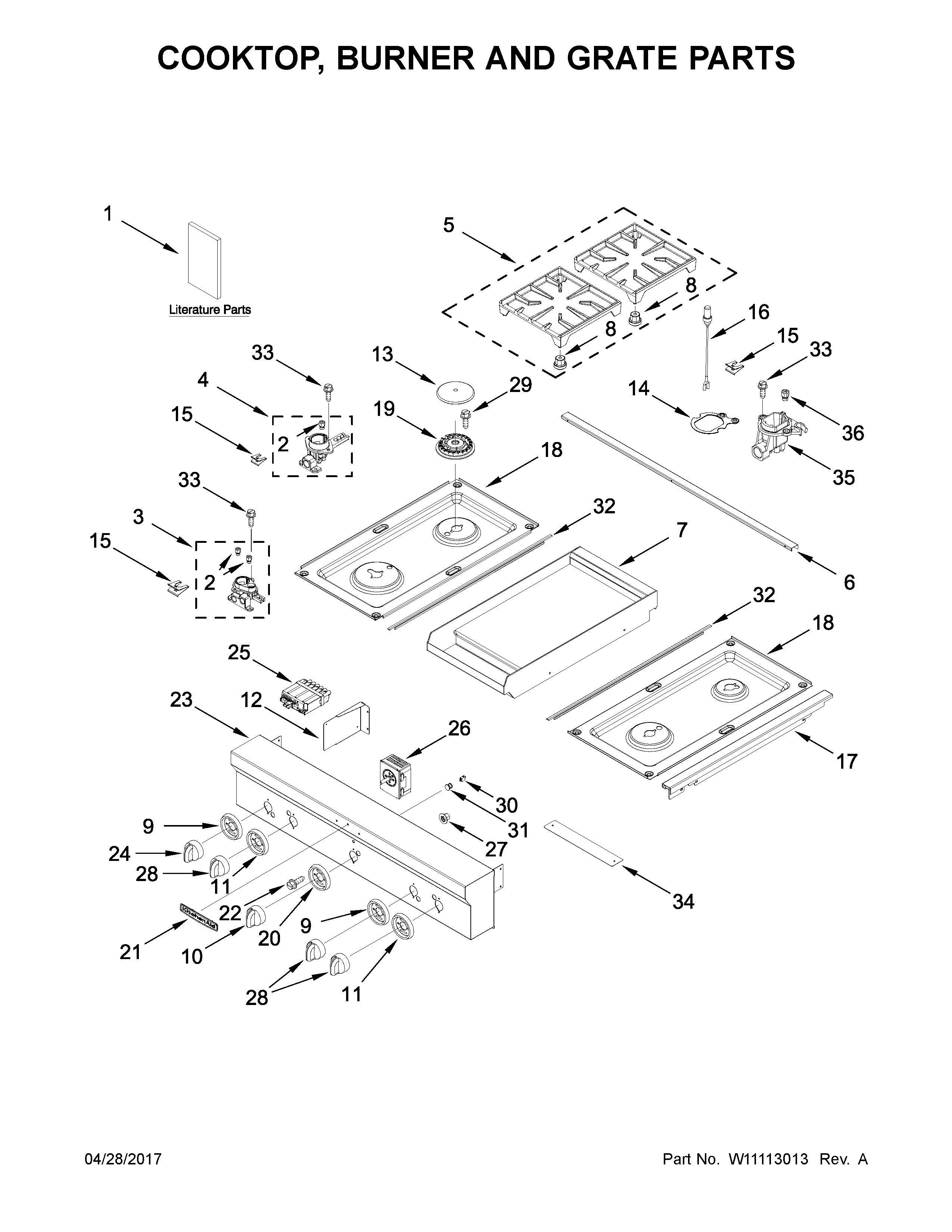 Cooktop, burner and grate parts