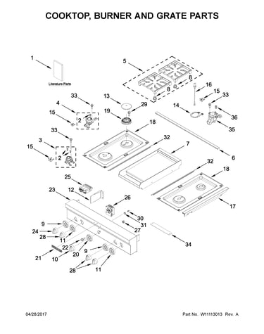 Cooktop, burner and grate parts