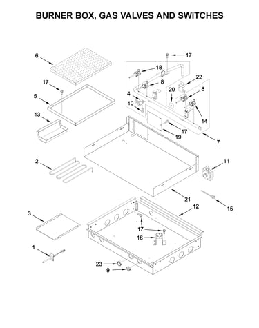 Burner box, gas valves and switches