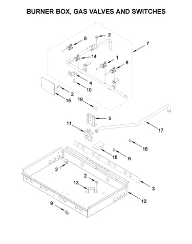 Burner box, gas valves and switches