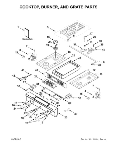 Cooktop, burner, and grate parts