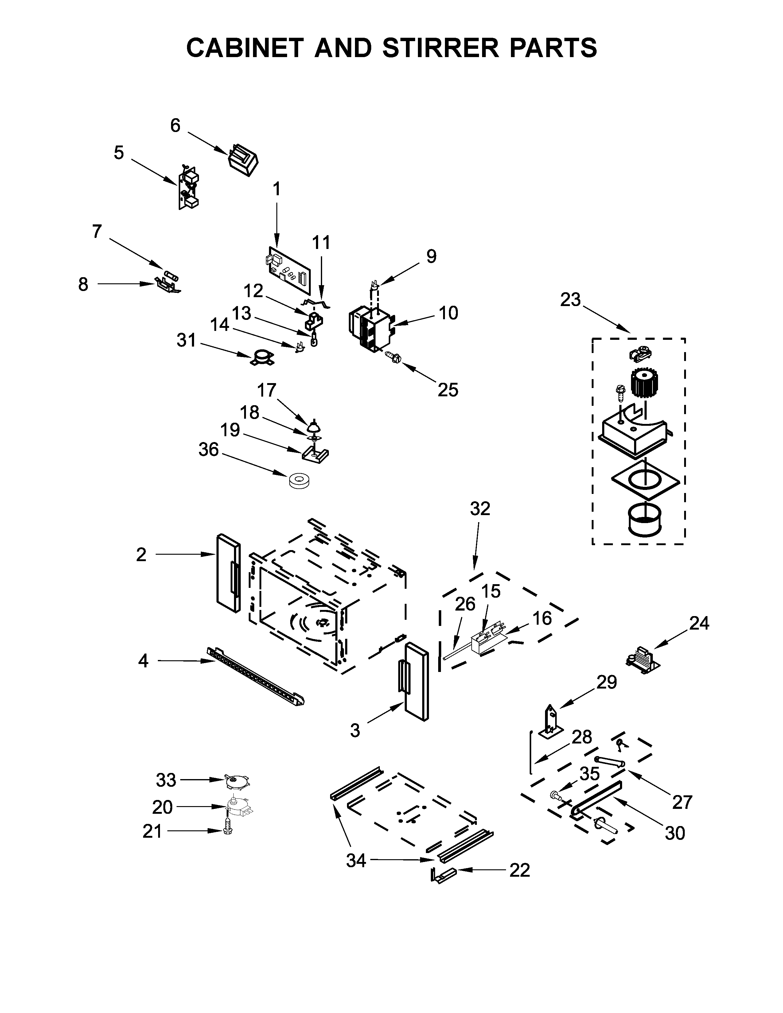 Cabinet and stirrer parts