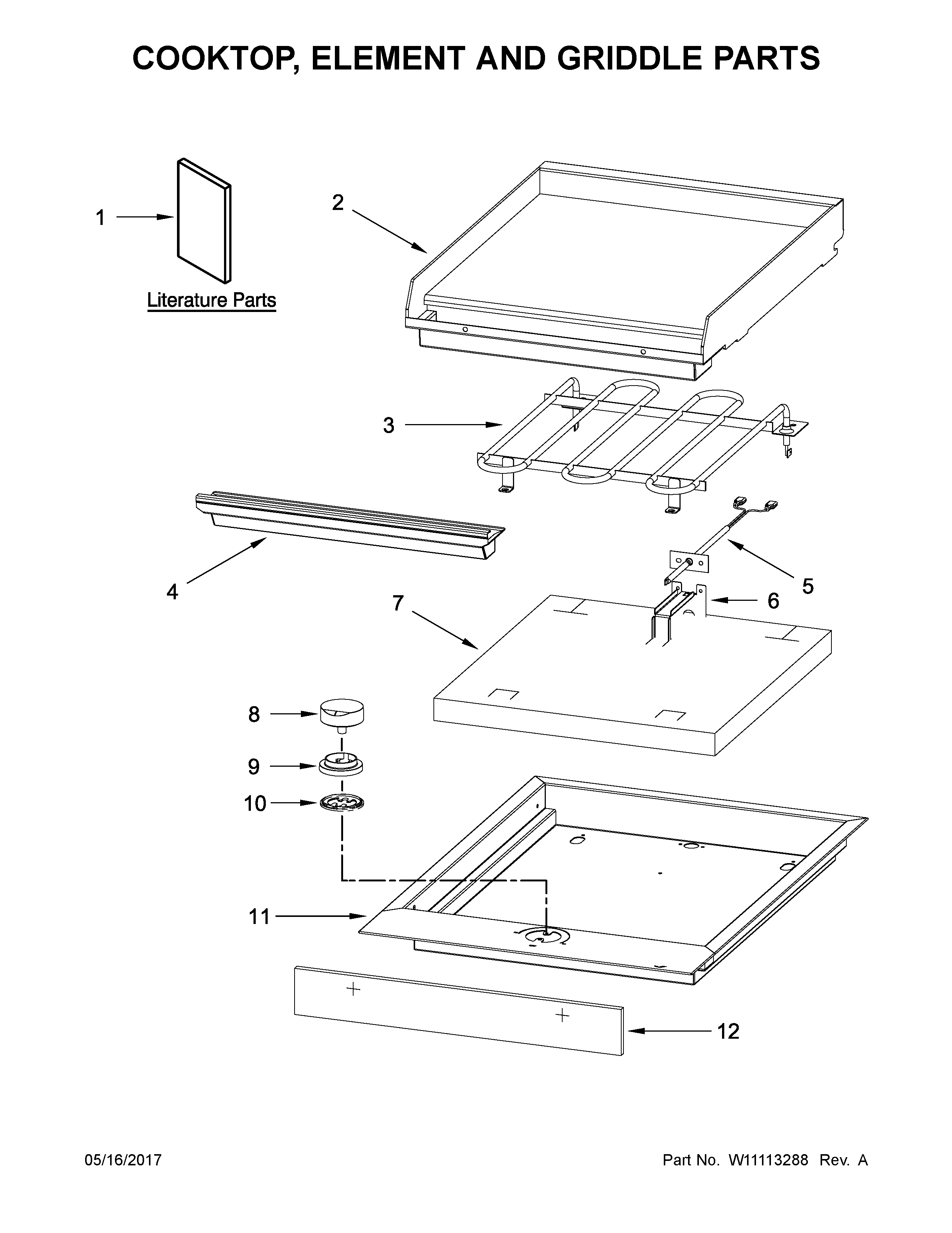 Cooktop, element and griddle parts