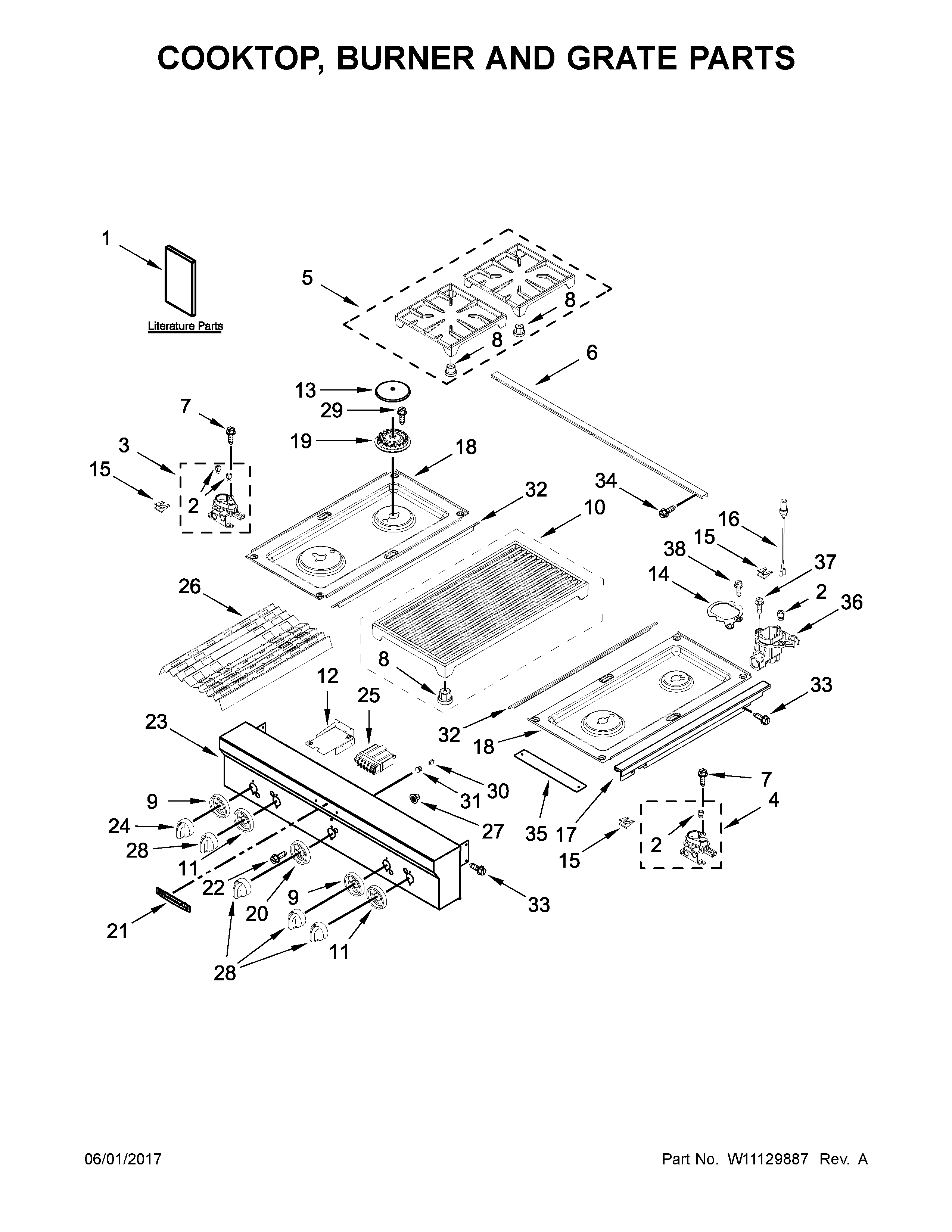 Cooktop, burner and grate parts