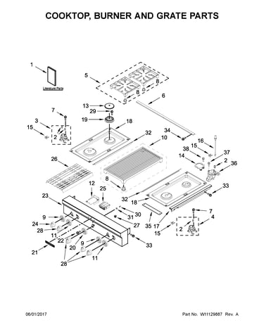 Cooktop, burner and grate parts