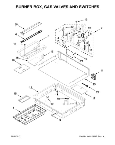 Burner box, gas valves and switches