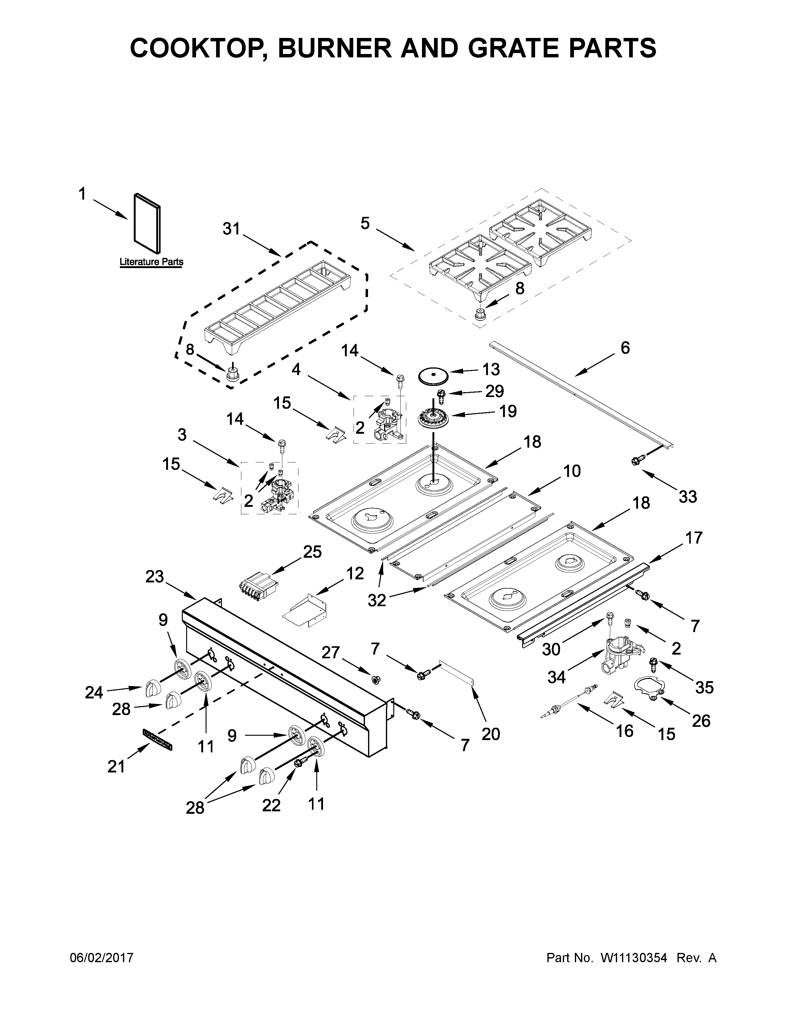 Cooktop, burner and grate parts