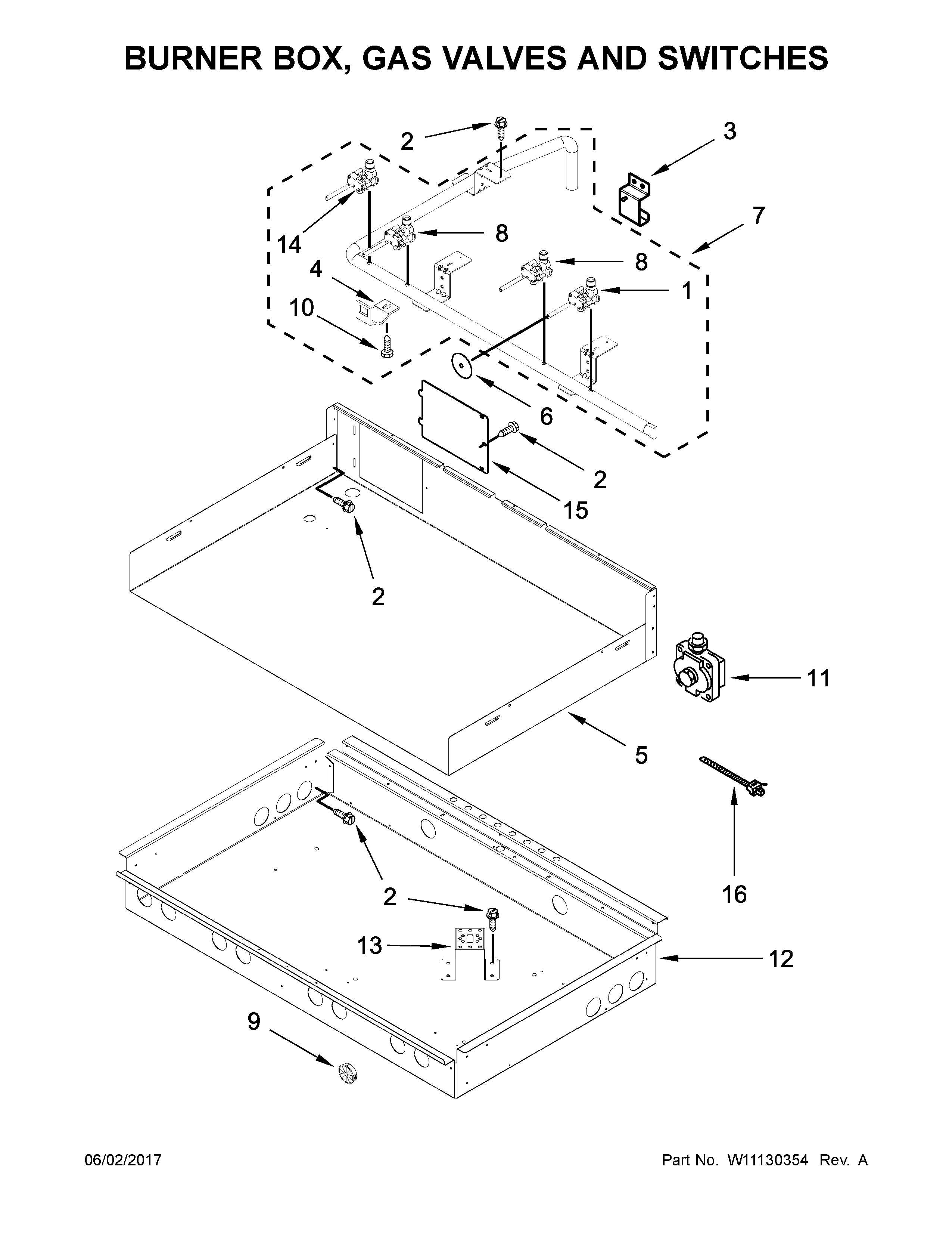 Burner box, gas valves and switches