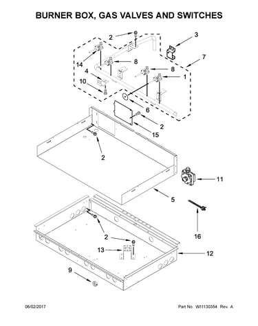 Burner box, gas valves and switches