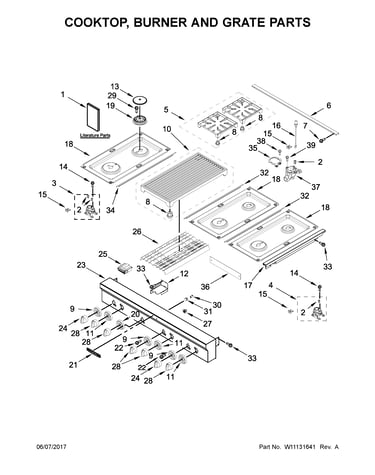Cooktop, burner and grate parts