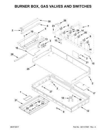 Burner box, gas valves and switches