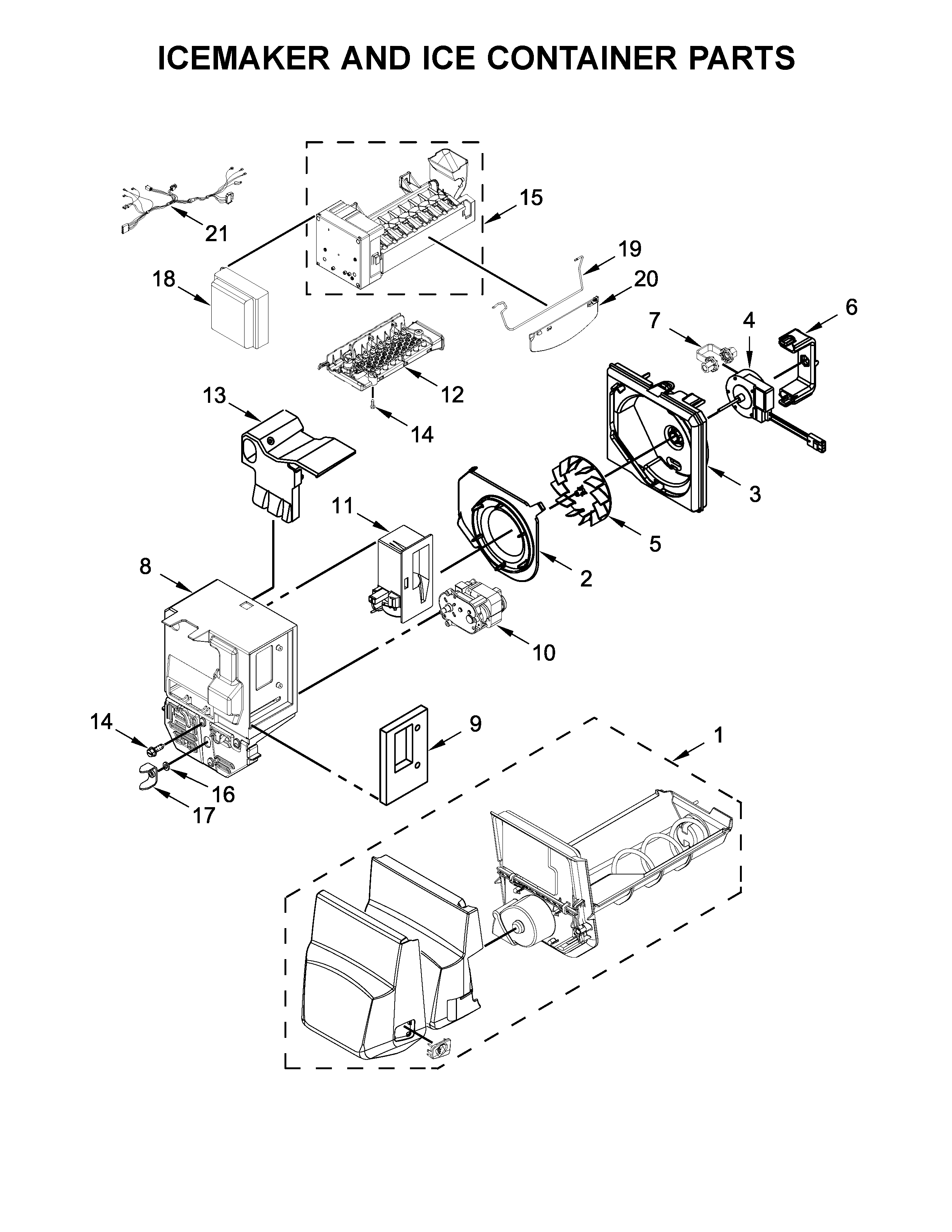 Icemaker and ice container parts