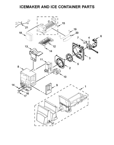 Icemaker and ice container parts