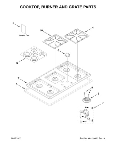 Cooktop, burner and grate parts