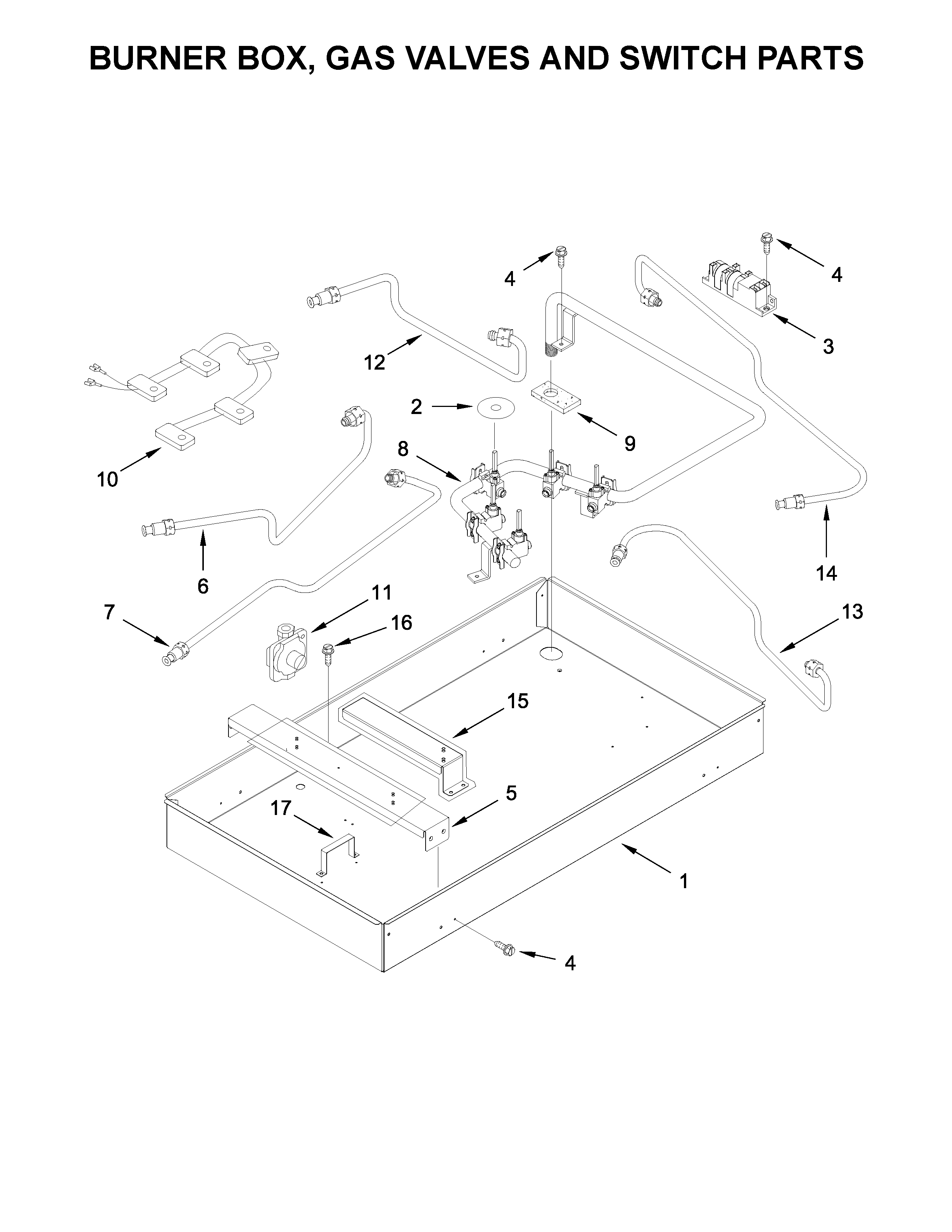 Burner box, gas valves and switch parts