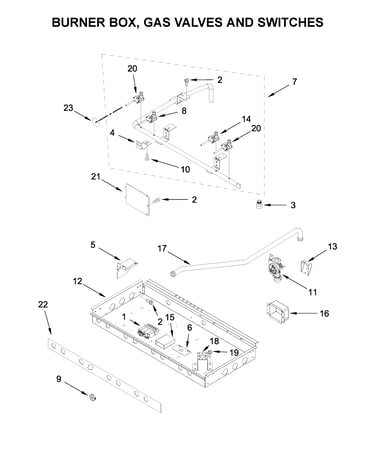 Burner box, gas valves and switches