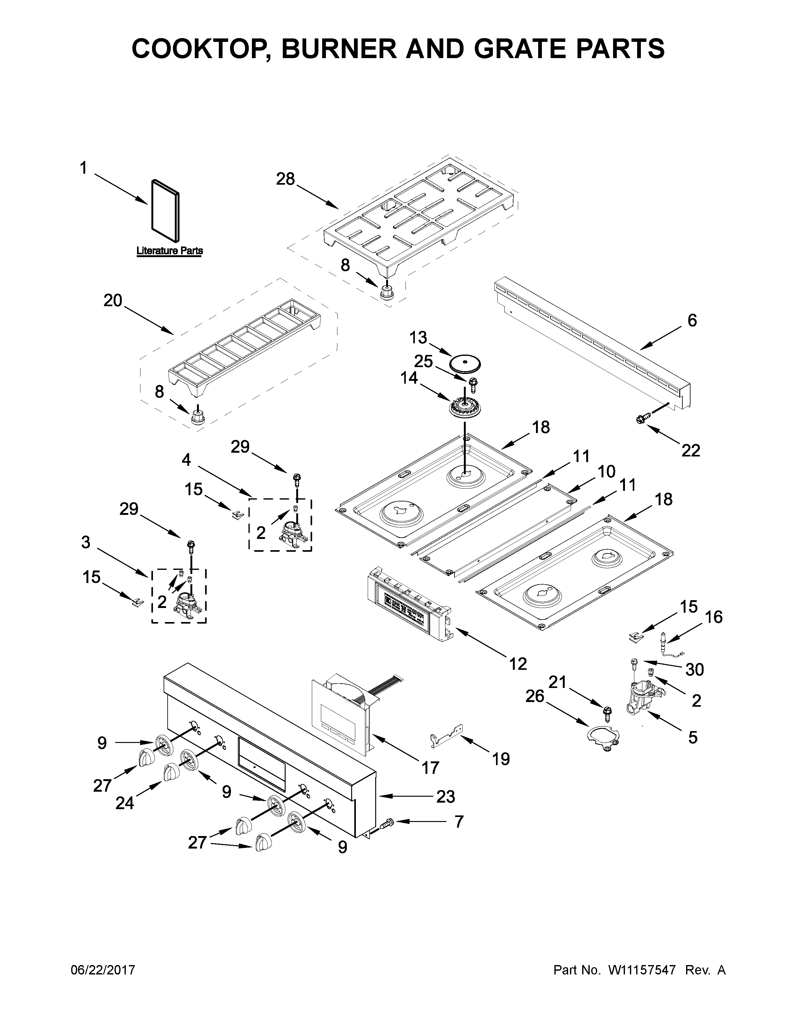 Cooktop, burner and grate parts