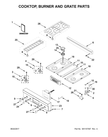 Cooktop, burner and grate parts