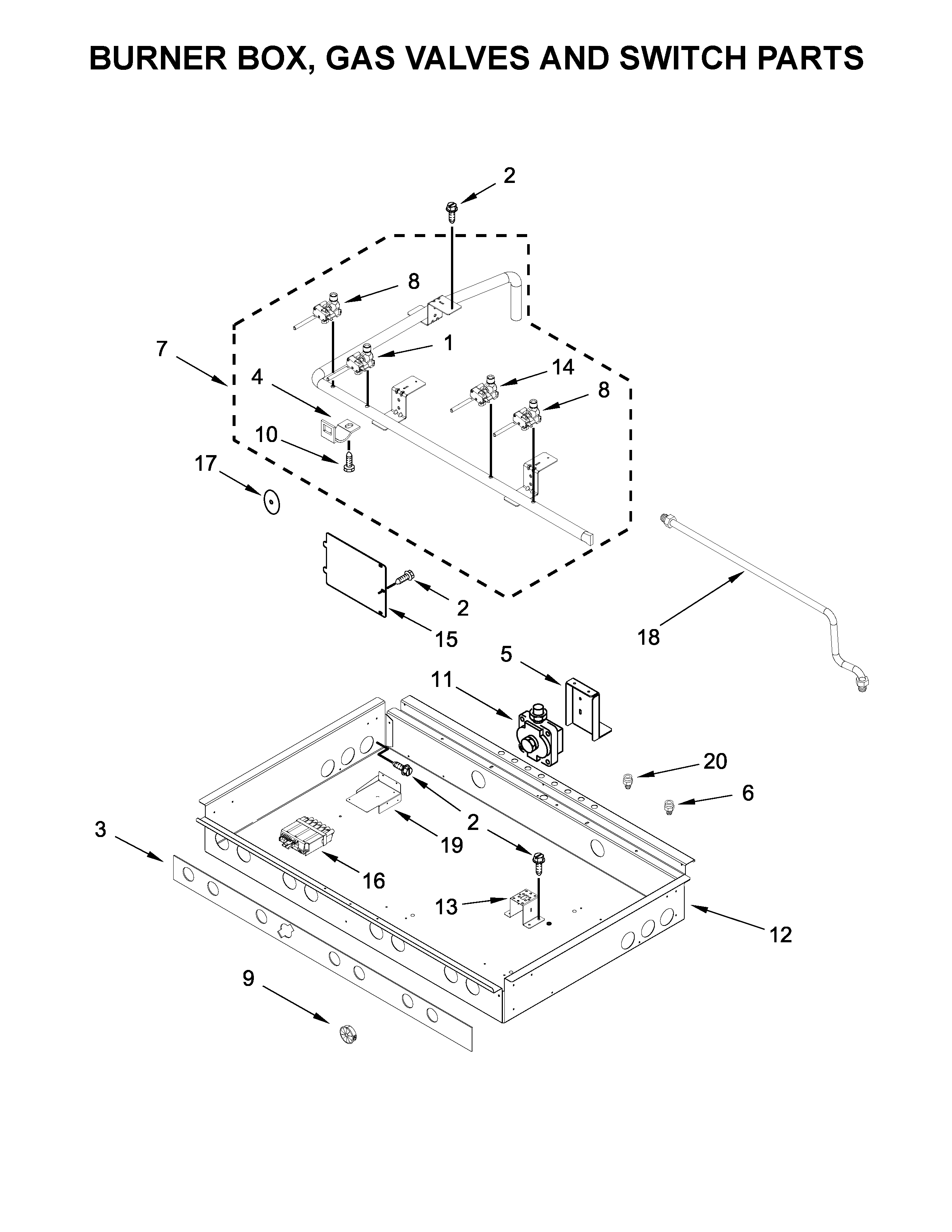 Burner box, gas valves and switch parts