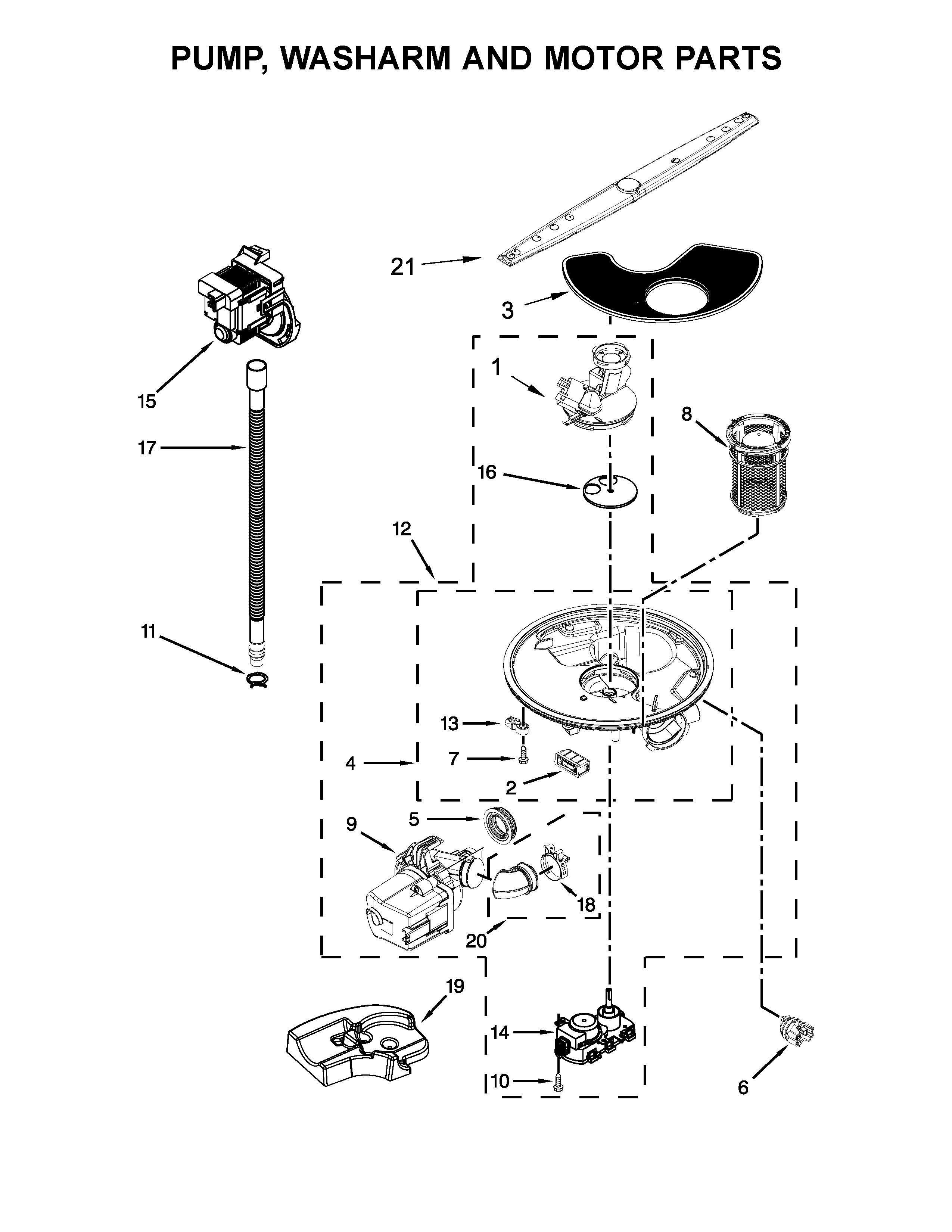 Pump, washarm and motor parts